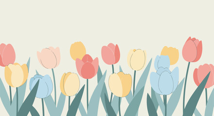 Row of stylized tulips with pastel colors on light background
