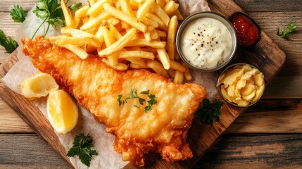 Crispy fried fish fillet with golden french fries, tartar sauce, ketchup, lemon wedges, and parsley on a wooden board.