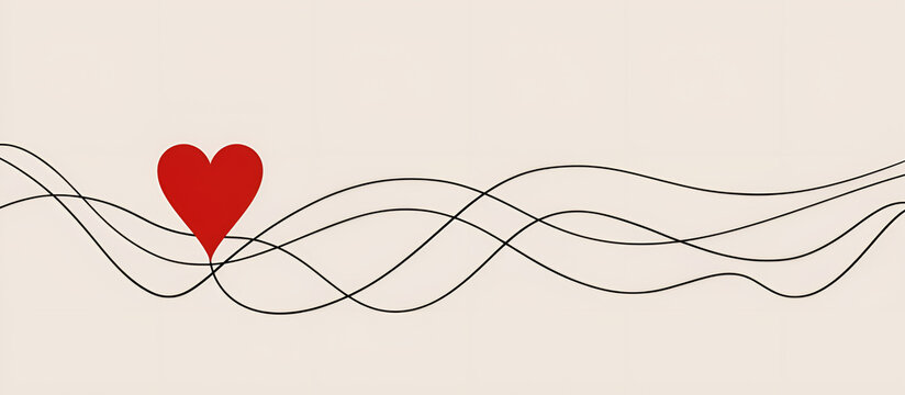 Czerwone serce na linii pulsu, symbol miłości, życia i kardiologii. Minimalistyczny baner na beżowym tle.