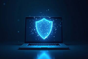 Futuristic glowing holographic shield made of blue particles hovering before modern laptop, data protection concept, cyber security visualization with dark tech background and 3D neon light effects