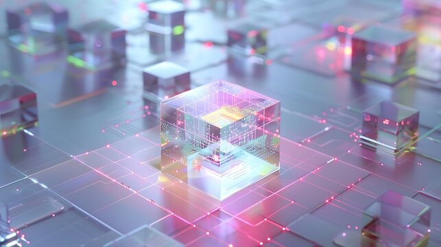 Bright central data crystal structure transmitting holographic signals to surrounding blocks in a data network grid .