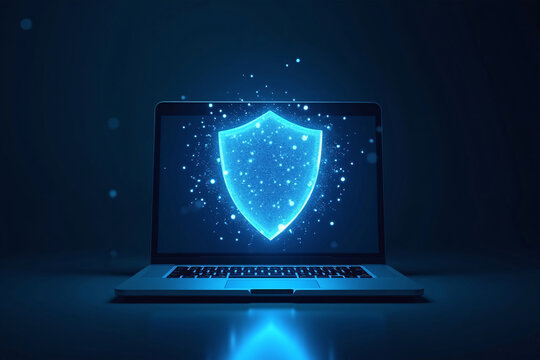 Futuristic glowing holographic shield made of blue particles hovering before modern laptop, data protection concept, cyber security visualization with dark tech background and 3D neon light effects