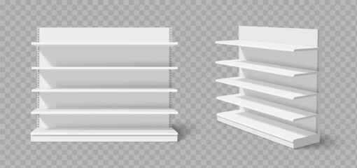 Empty white store shelves with metal brackets for supermarket or retail display - front and side view with multiple levels. Clean modern storage furniture for products and merchandise arrangement. © klyaksun
