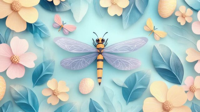 A close-up image of a paper cut of a dragonfly surrounded by colorful flowers