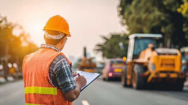 Construction worker documents roadwork, ensuring safety and progress. Orange vest, hard hat, and clipboard in hand on a vibrant city street.