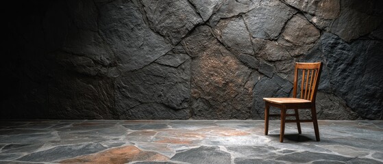 Empty room with a wooden chair against a stone wall