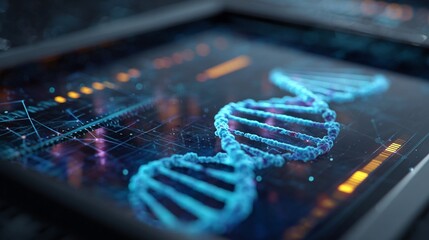 Digital DNA Strand: Futuristic Medical Technology Interface, Glowing Blue, Abstract Background