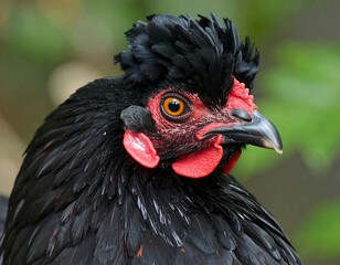 Close-up of a black rooster's head