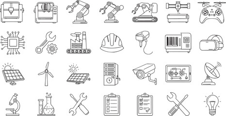 Line art icons representing technology engineering and various industrial and scientific equipment