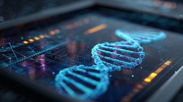 Digital DNA Strand: Futuristic Medical Technology Interface, Glowing Blue, Abstract Background