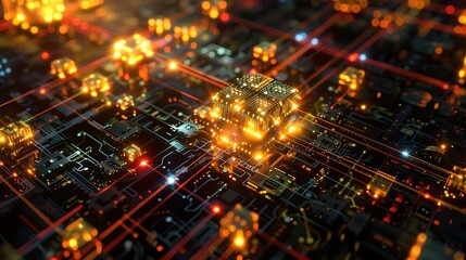 Obraz premium Centralized data processor hub with streaming light beams connecting to hundreds of tiny 3D data cubes, showing big data communication flow .