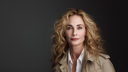 Elegant woman with blonde curly hair and light eyes posing in front of a dark gray background, wearing a neutral-toned jacket and white shirt.
