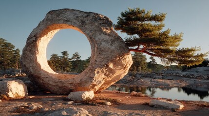 Fototapeta premium Large ring-shaped stone, bonsai tree, serene landscape