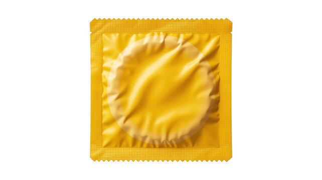Single yellow condom wrapper packaging isolated on transparent background for safe sex promotion