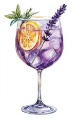 Watercolor illustration of Lavender Spritz cocktail with orange slice, basil leaves, and lavender sprig in a tall glass with ice, vibrant purple drink in artistic style.
