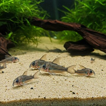 a group of Corydoras catfish sifting through a fine sand substrate at the bottom of a well-lit, mature planted tank.