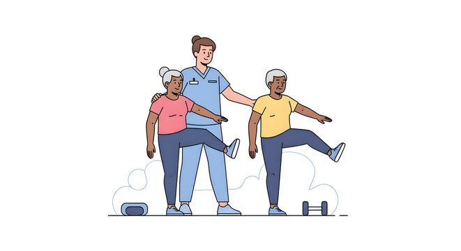 Healthcare professional assisting diverse senior couple with balance exercises. Elderly physical therapy and rehabilitation concept.
