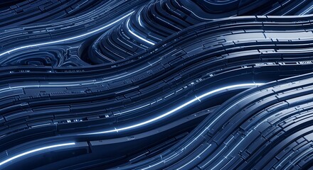 Abstract deep blue interwoven digital circuitry patterns with glowing white lines