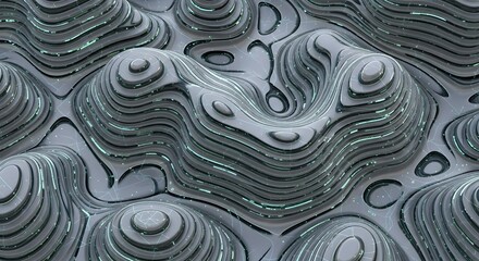 Abstract topographical landscape with metallic layers and glowing blue lines