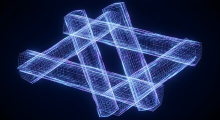 Abstract glowing blue wireframe geometric structure with overlapping cylindrical forms on dark background