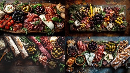 Four overhead shots showcase diverse charcuterie boards brimming with cured meats, olives, cheeses, bread, and fresh herbs, arranged on rustic wooden surfaces