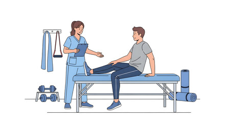 Physical Therapy Session: Physiotherapist Guiding Male Patient with Leg Exercise for Rehabilitation and Recovery.