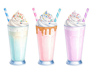 Colorful watercolor milkshakes with whipped cream, sprinkles and striped straws in pastel blue, pink and purple flavors