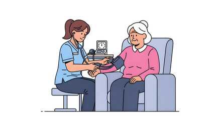 Nurse Measuring Senior Woman's Blood Pressure. Healthcare Check-up & Health Monitoring for Elderly Patient.
