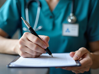 A healthcare professional is taking notes while preparing documents related to elderly patients, showcasing the intersection of aging population and advancing technology in the medical field