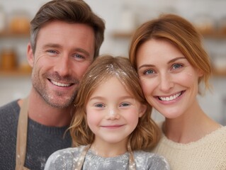 Family Portrait: A smiling father, mother and daughter radiates happiness, creating an inviting atmosphere, and a sense of intimacy and connection within their family.
