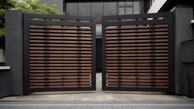 Modern black metal gate with wooden slats in a residential setting