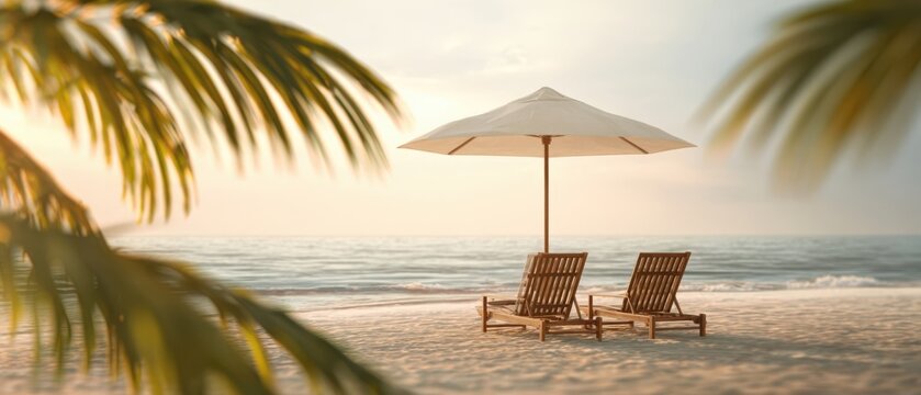 The serene beach scene with lounge chairs and a soothing umbrella.