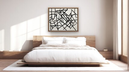 Monochromatic Adinkra symbol canvas in oak frame above a platform bed, blending Scandinavian and African design elements in warm bedroom lighting.