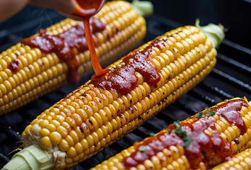 Corn on the grill with chili sauce being applied