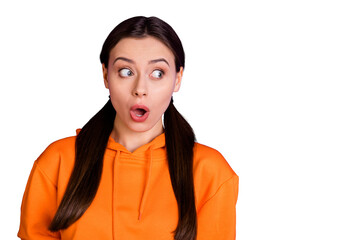 Close-up portrait of her she nice attractive lovely cute funny scared girl looking aside feeling...