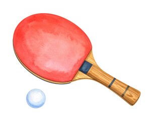watercolor illustration of a red table tennis paddle and a white ball, capturing the excitement and strategy of the classic indoor sport.