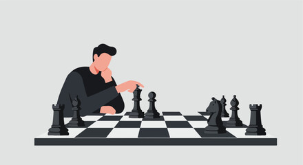 Chess player with black pieces poised to move, contemplative, strategic gameplay