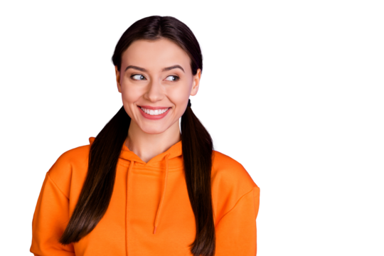 Close-up portrait of her she nice attractive lovely cute winsome cheerful cheery girl looking aside isolated over bright vivid shine vibrant violet purple lilac color background