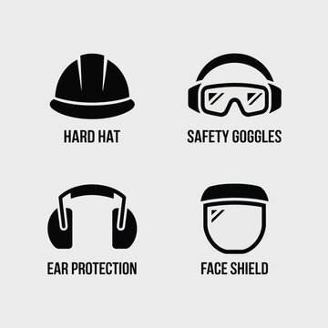 Essential safety gear icons including hard hat, safety goggles, ear protection, and face shield for workplace protection and hazard prevention