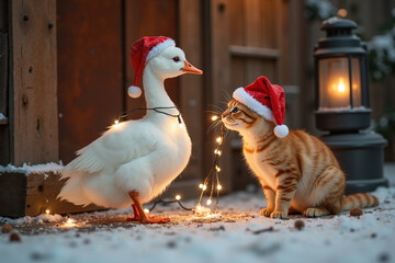 Cat and duck wearing Santa hats with Christmas lights in winter