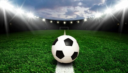 A soccer ball rests on a lush green grass field under a bright blue sky, ready for a fun and competitive game