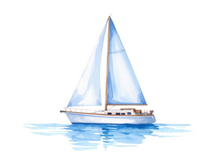 1-line description: Elegant sailboat with blue and white sails on calm water in watercolor illustration on transparent background © AiMaball
