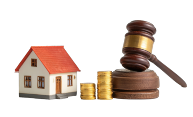 Miniature house, gavel, and coins; likely foreclosure or real estate legal matter