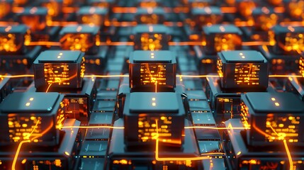 Cubical memory vaults organized in a symmetric pattern with glowing power lines depicting big data storage .