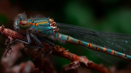 Macro Shot of a Damselfly with a Green and Orange Body