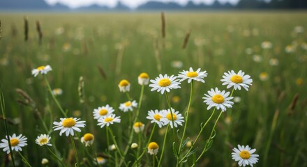 Fototapeta premium Field of daisies in a meadow gently swaying under warm summer sunlight