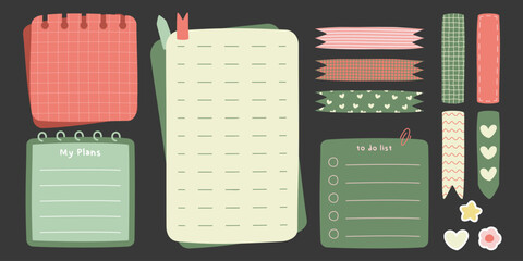 Cute doodle stationery with memo notebooks, decorative tapes and colorful stickers for creative planning. Pink and green notepads with grid patterns, ribbons and hearts. Organization supplies set.