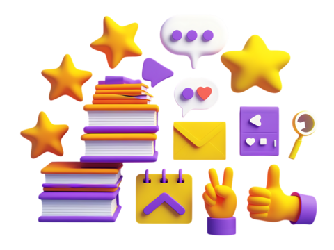 Assortment of 3d social media icons and symbols like books, stars, chat bubbles, hearts, email, magnifying glass, and hands with thumbs up and peace sign, isolated on transparent background - Powered by Adobe