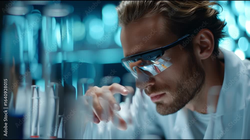 Poster scientist conducts experiments in high-tech laboratory setting with advanced equipment and focused t