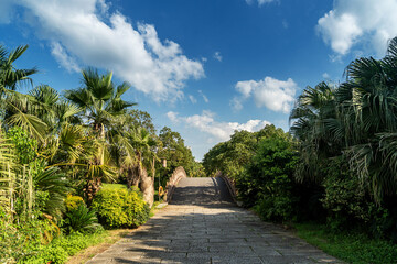 stone footbridge in an Asian garden